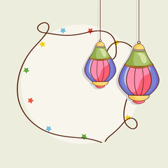 Colorful Glossy Arabic Lanterns Hang And Stars Decorated Background With Space For Text Message.