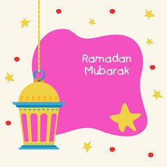 Ramadan Mubarak Concept With Lantern Hang, Stars Decorated On Pink And Beige Background.