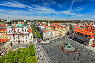 View of Stare Mesto Square Old City Square and St. Nicholas Church from Town Hall