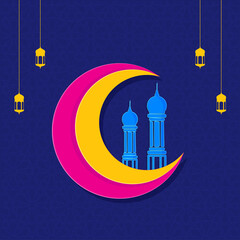 Muslim Community Festival Concept With Crescent Moon, Paper Mosque Minarets And Lanterns Hang On Blue Floral Design Background.