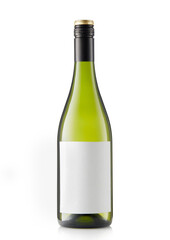 Green bottle of white wine with blank label on white background.