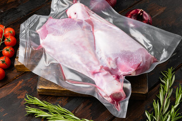Turkey thigh in sealed plastic pack, on old dark  wooden table background