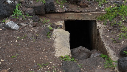 An old Syrian bunker remains on The Gadot Lookout, Israel, the slopes of the Golan Heights...