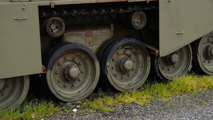 Tank track assembly and carrier rollers of  The Centurion the primary British Army main battle tank of the post-World War II period , Israel. Israeli Sho't variant of The Centurion
