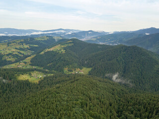 Green mountains of Ukrainian Carpathians in summer. Aerial drone view.