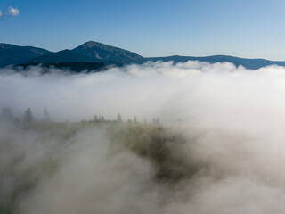 Morning fog in the Ukrainian Carpathians. Aerial drone view.