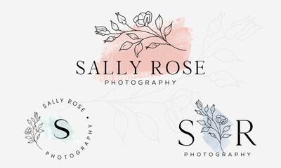 Botanical Floral element Hand Drawn Logo with Wild Flower and Leaves. Logo for spa and beauty salon, boutique, organic shop, wedding, floral designer, interior, photography, cosmetic.