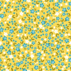 Seamless vintage pattern. Small white and blue flowers, mustard leaves. Yellow background. vector texture. fashionable print for textiles, wallpaper and packaging.
