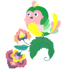 Composition of a bird with a flower. Watercolor stylized illustration. Folklore style.