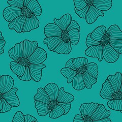 Beautiful vintage pattern. 
 Black outline flowers . Turquoise background. Floral seamless background. An elegant template for fashionable prints.