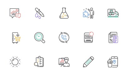 Food app, Time management and Chemistry lab line icons for website, printing. Collection of Presentation board, Recovery ssd, Inspect icons. Sun energy, Strategy, Call center web elements. Vector