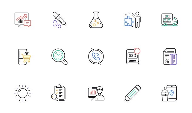 Food app, Time management and Chemistry lab line icons for website, printing. Collection of Presentation board, Recovery ssd, Inspect icons. Sun energy, Strategy, Call center web elements. Vector