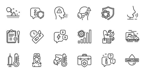 Outline set of Nasal test, Cough and Stress line icons for web application. Talk, information, delivery truck outline icon. Include Covid test, Oculist doctor, Coronavirus icons. Vector