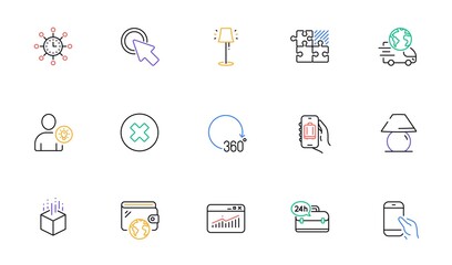360 degrees, Click here and Delivery service line icons for website, printing. Collection of Puzzle game, Table lamp, Stand lamp icons. Baggage app, Hold smartphone, World time web elements. Vector