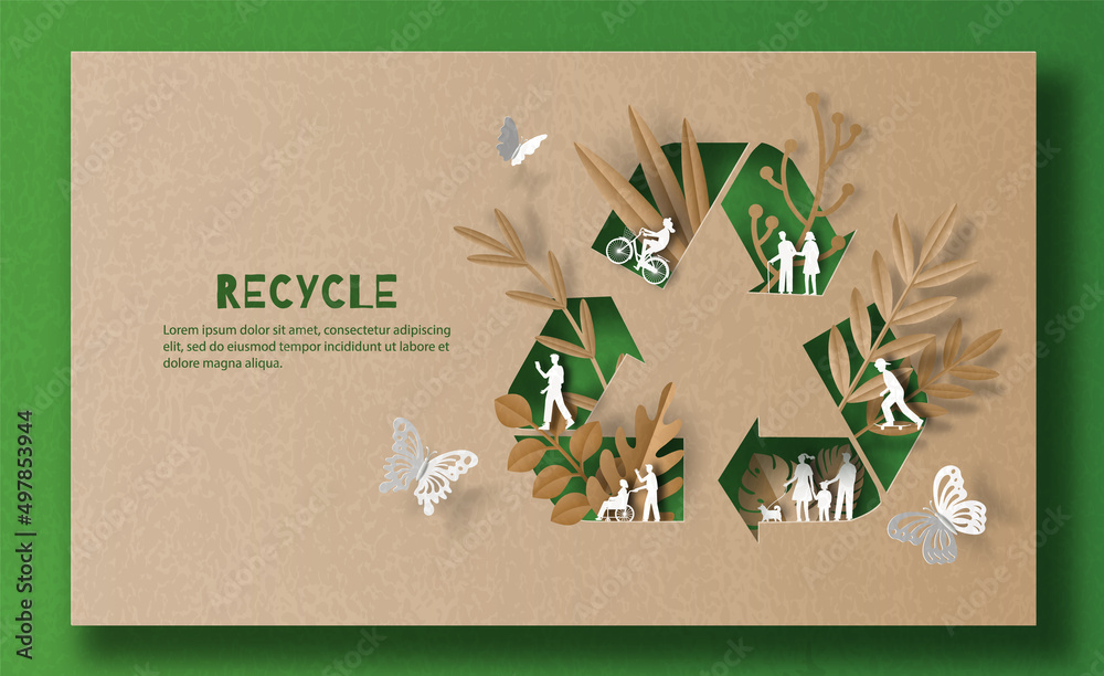 Wall mural recycle symbol, many people doing activities, enjoy their life in a good atmosphere, save the planet