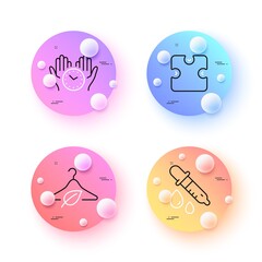 Chemistry pipette, Puzzle and Safe time minimal line icons. 3d spheres or balls buttons. Slow fashion icons. For web, application, printing. Laboratory, Puzzle piece, Hold clock. Eco tested. Vector