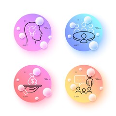 Meeting, Idea head and Loan minimal line icons. 3d spheres or balls buttons. People chatting icons. For web, application, printing. Human resource, Lightbulb, Financial mortgage. Conference. Vector