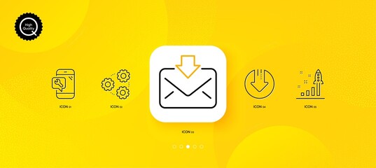 Fototapeta na wymiar Phone repair, Download arrow and Development plan minimal line icons. Yellow abstract background. Gears, Incoming mail icons. For web, application, printing. Spanner service, Crisis, Strategy. Vector