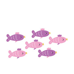 Flock of cute cartoon fish on a white background
