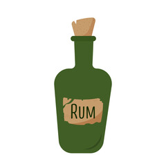 Green bottle of rum with a vintage worn label in a cartoon style. Pirates Drink