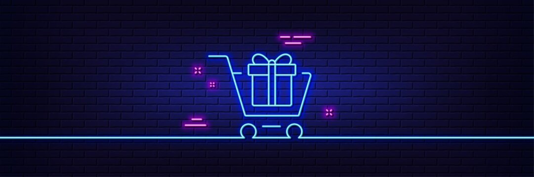 Neon light glow effect. Shopping cart with Gift box line icon. Present or Sale sign. Birthday Shopping symbol. Package in Gift Wrap. 3d line neon glow icon. Brick wall banner. Vector