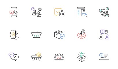 Approved, Coffee machine and Shopping basket line icons for website, printing. Collection of Spanner, Puzzle, Video conference icons. Online documentation, Phone survey. Vector