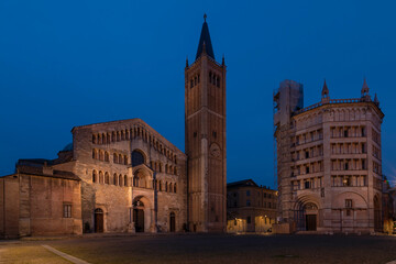 Piazza Duomo square in the historic center of Parma, Italy, in twilight light