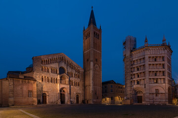 Fototapeta na wymiar Piazza Duomo square in the historic center of Parma, Italy, in twilight light