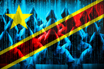 Anonymous hooded hackers, flag of Congo - Democratic Republic, binary code - cyber attack concept