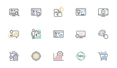 Seo line icons. Increase sales, Business strategy and Search optimization. Analytics linear icon set. Bicolor outline web elements. Vector