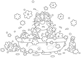 Funny thoughtful and confused fat cat relaxing and washing in a bubble bath with foam, black and white outline vector cartoon illustration for a coloring book page
