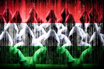 Anonymous hooded hackers, flag of Hungary, binary code - cyber attack concept