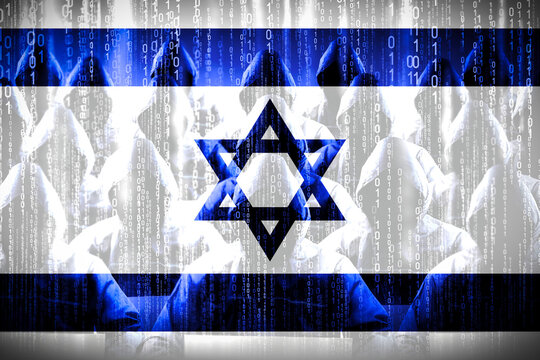 Anonymous hooded hackers, flag of Israel, binary code - cyber attack concept