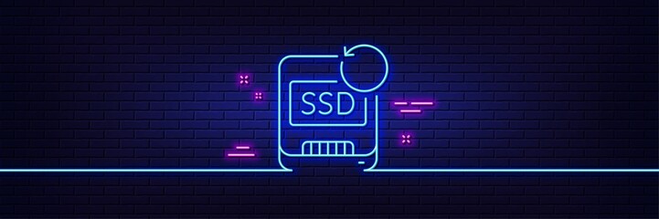 Neon light glow effect. Recovery ssd line icon. Backup data sign. Restore information symbol. 3d line neon glow icon. Brick wall banner. Recovery ssd outline. Vector