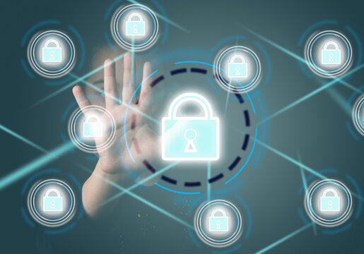 Cyber security concept. Encryption. Data protection. Anti virus software. Communication network.