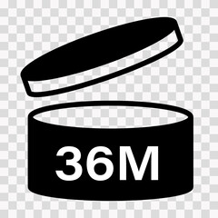 PAO cosmetic icon, mark of period after opening. Expiration time after package opened, black label. 36 month expirity on transparent background, vector illustration