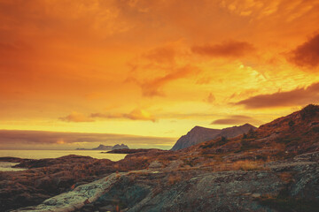 Fototapeta premium Fjord at sunset. Rocky seashore in the evening. Beautiful nature of Norway