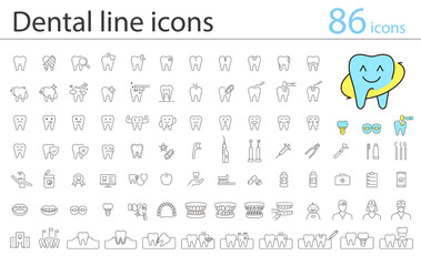 Dental clinic and dental care element line icons