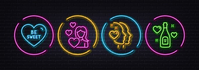 Heart, Be sweet and Love minimal line icons. Neon laser 3d lights. Love champagne icons. For web, application, printing. Valentines day. Neon lights buttons. Heart glow line. Brick wall banner. Vector