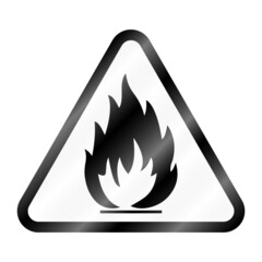 Flammable substances sign. Vector illustration of glossy triangle warning sign with flame fire inside. Caution flammable materials. Keep away from fire symbol. Danger zone. Attention.