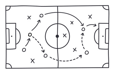 Soccer strategy field, football game tactic drawing on chalkboard. Hand drawn soccer game scheme, learning diagram with arrows and players on board, sport plan outline vector illustration