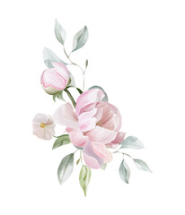 Watercolor pink peony bouquet on white background, garden floral arrangement for wedding, bridal shower