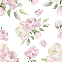 Watercolor pink peony seamless pattern on white background, elegant floral design for fabric, paper