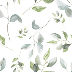 Watercolor eucalyptus seamless pattern on white background, greenery fabric design