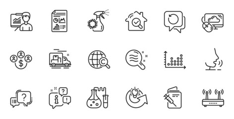 Outline set of Vaccination passport, Question mark and Cloud computing line icons for web application. Talk, information, delivery truck outline icon. Vector