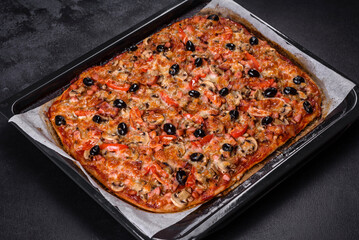 Homemade vegetable pizza with addition of tomatoes, olives and herbs