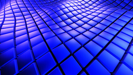 Blue background 3D, squares pattern waves, abstract technology field of cubes, fantastic sea of neon glowing texture, 3D render illustration background.