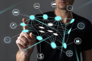 Digital communication and virtual screen metaverse technology concept WEB 3.0.hand touch globe internet.