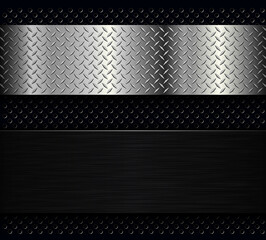 Black brushed metal texture with silver diamond metallic pattern, 3D steel plate technology background, vector illustration.