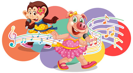 Singer piggy and monkey cartoon with music melody symbols